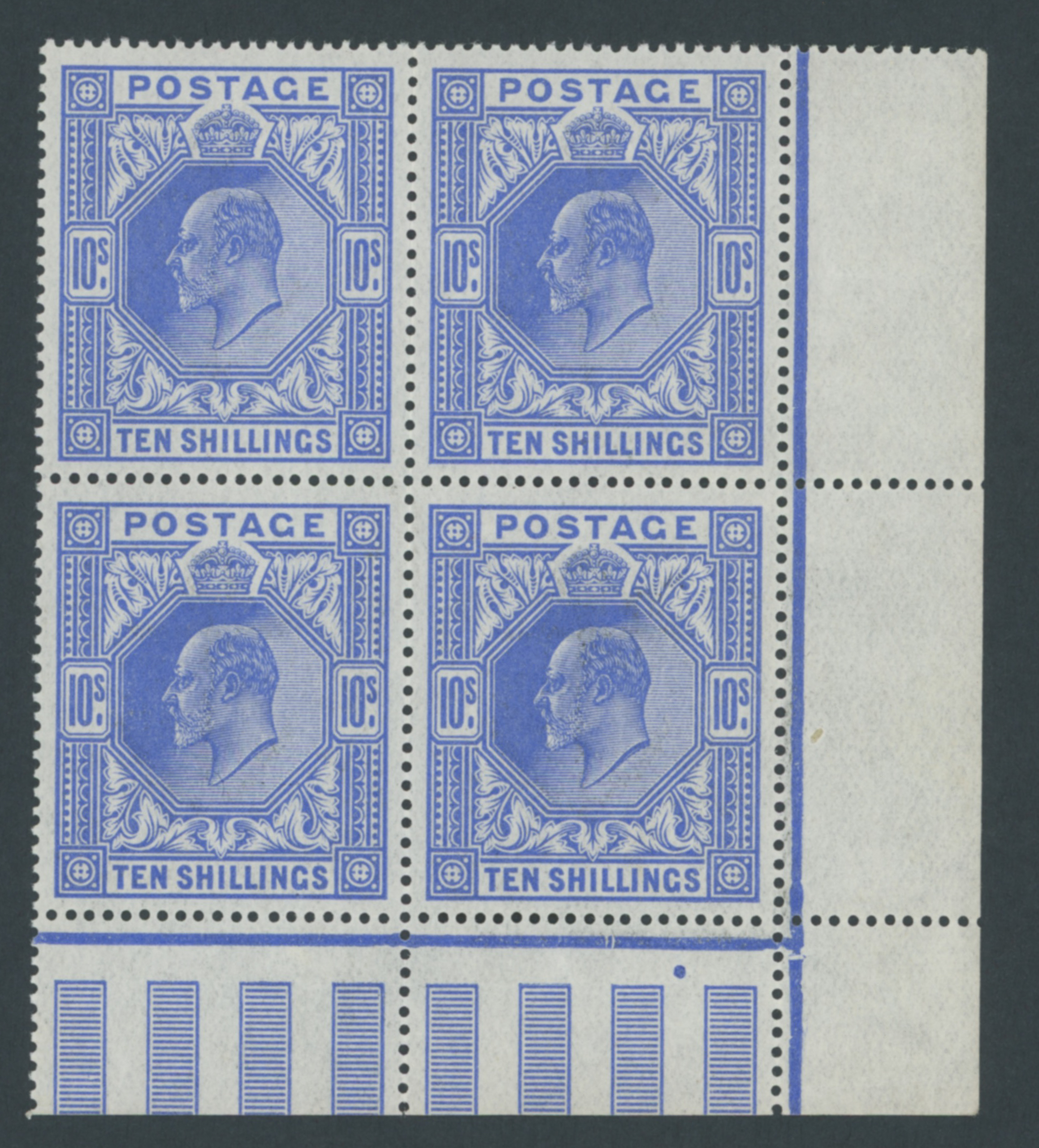 1911 10/- Blue Unmounted Date Cut Block Of Four