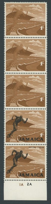 Jamaica 1964 Stadium & Runner 1/- Strip Black Omitted