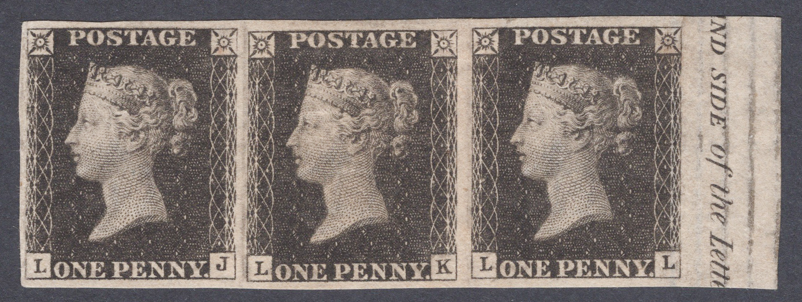 1840 1d Black (Plate XI) Lettered Lettered L-J/L-L Marginal Strip