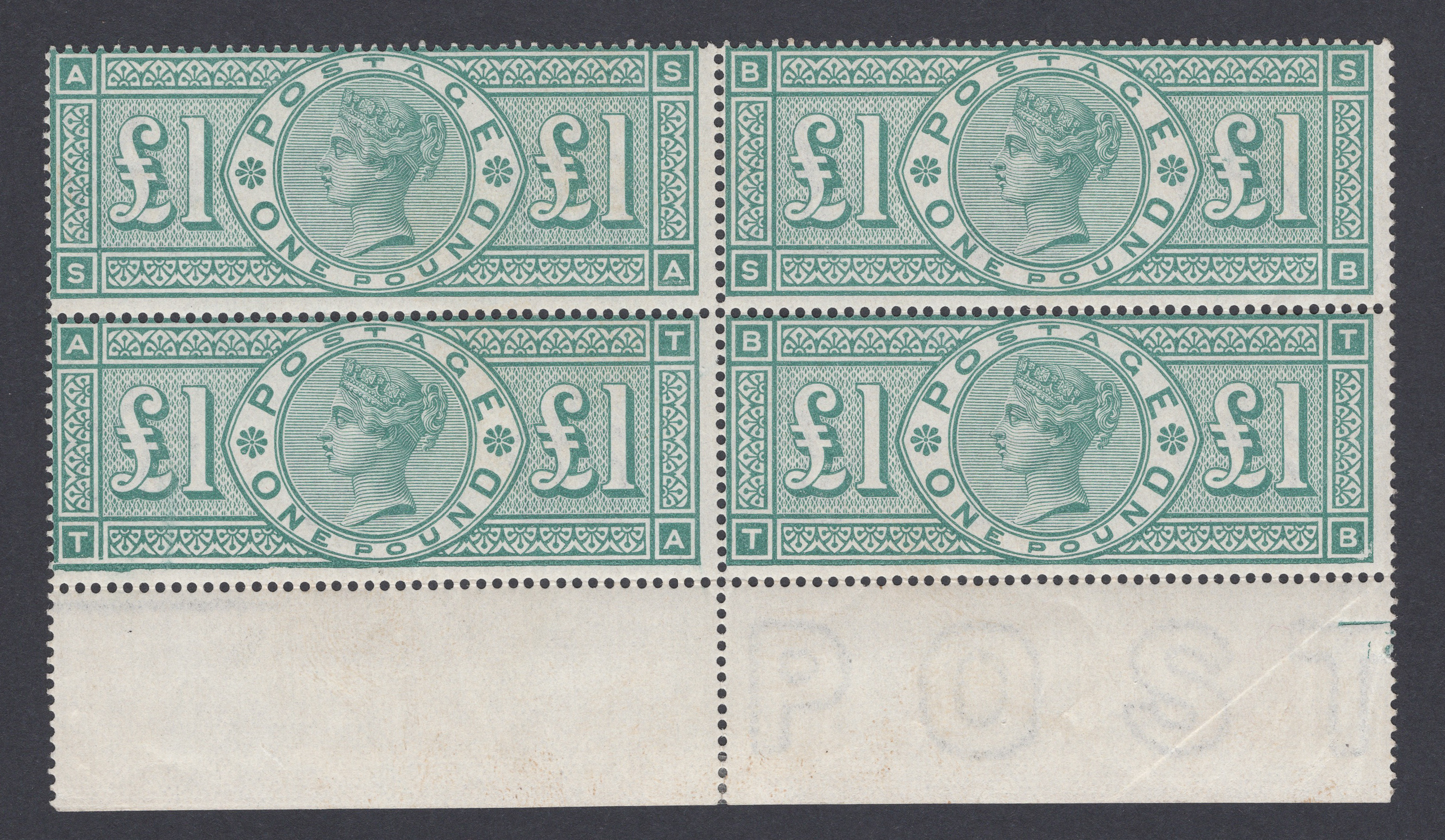 1891 £1 Green Outstanding Mint Block Broken Frame Variety