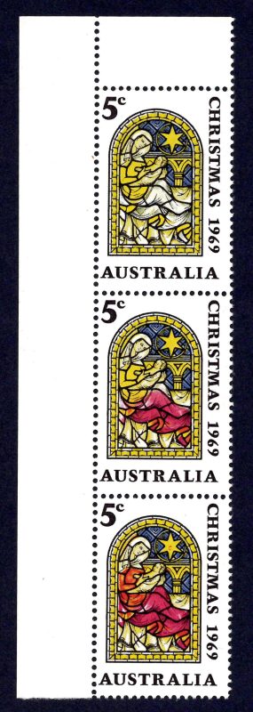 Australia 1969 Christmas 5c Magenta Omitted Strip