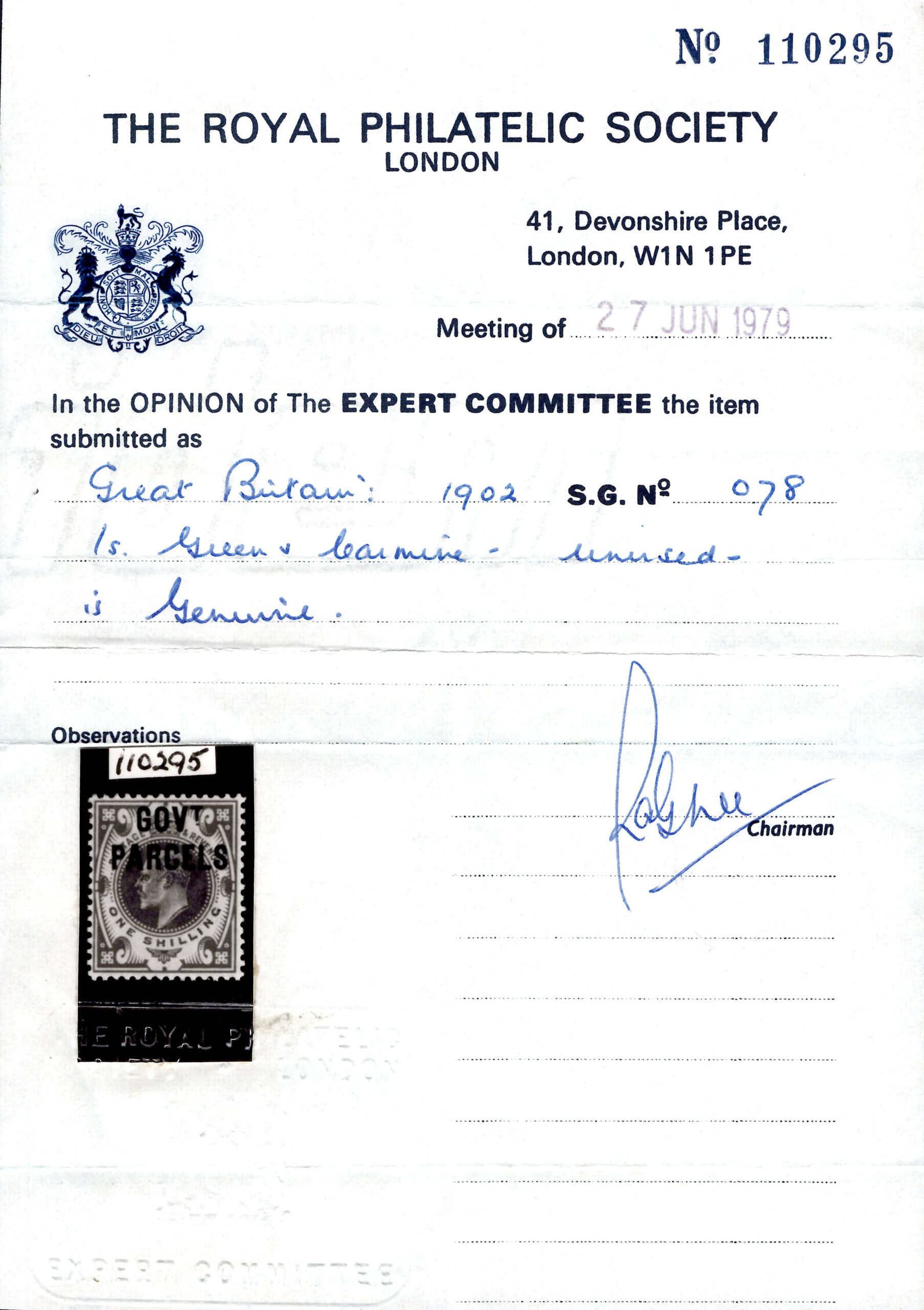 1902 1/- Dull Green & Carmine GOVT. PARCELS Official - Image 3